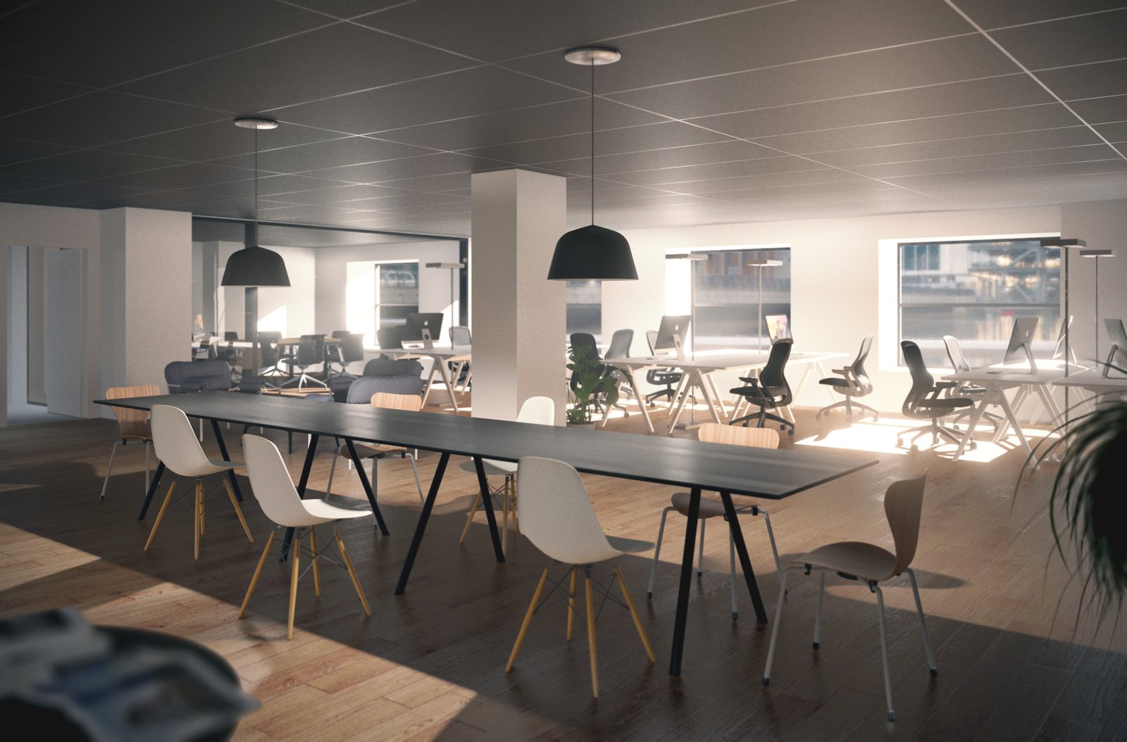 Open plan office — dramatic lighting